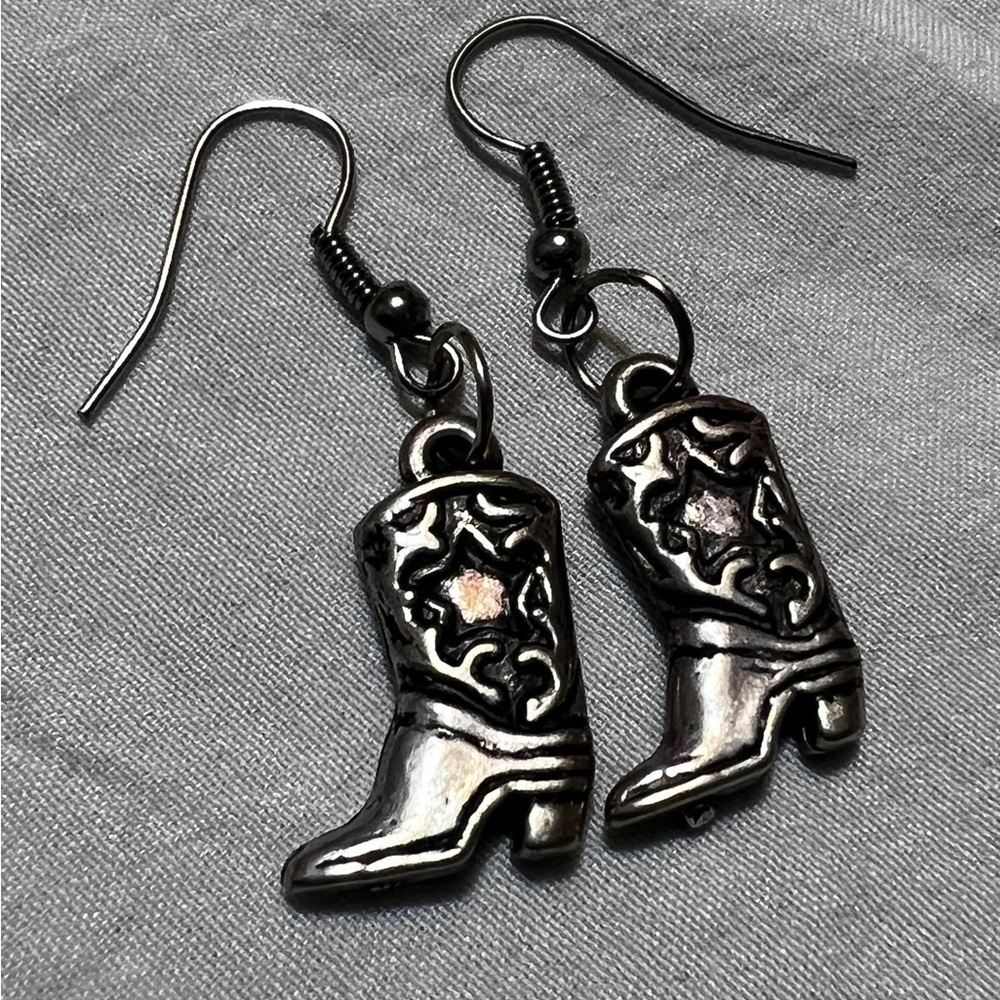 Two Sided Silvertone Cowboy Boots Drop Earrings